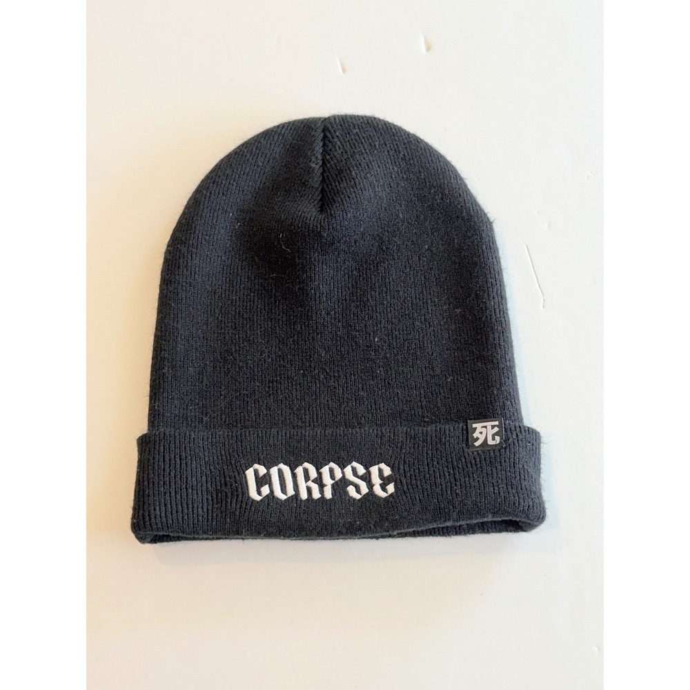 Corpse Husband Official Merch Black Knit Beanie Gothic Logo Kanji Tag Hat